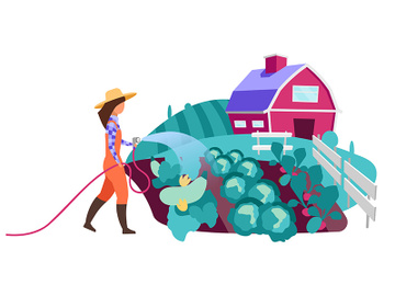 Female farmer watering vegetable garden flat vector character preview picture