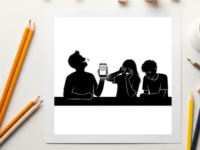 Silhouette of three people looking at a phone in a row