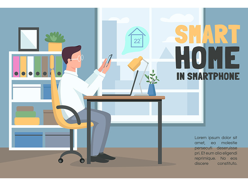 Smart home in smartphone banner flat vector template