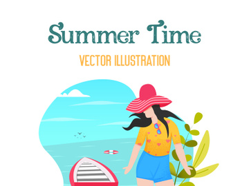 Young woman at beach illustration, with leaf and sea in background preview picture