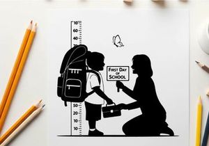 Silhouette of a child and woman with a school sign and growth chart