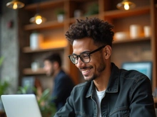 A young freelancer works on a laptop in a coffee shop.