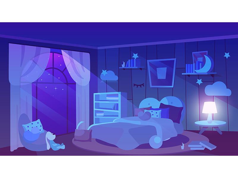 Kids bedroom night time view flat vector illustration