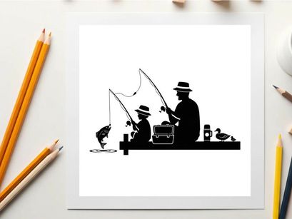Silhouette of two men fishing on a boat with ducks