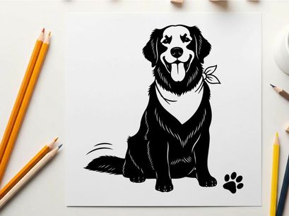 Silhouette of a smiling dog with bandana and paw