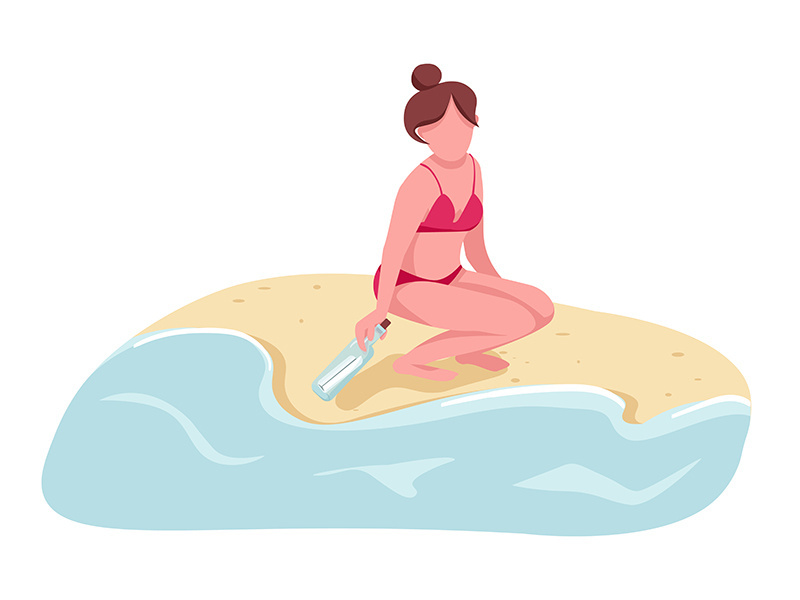 Woman in swimsuit picking message in bottle flat color vector faceless character