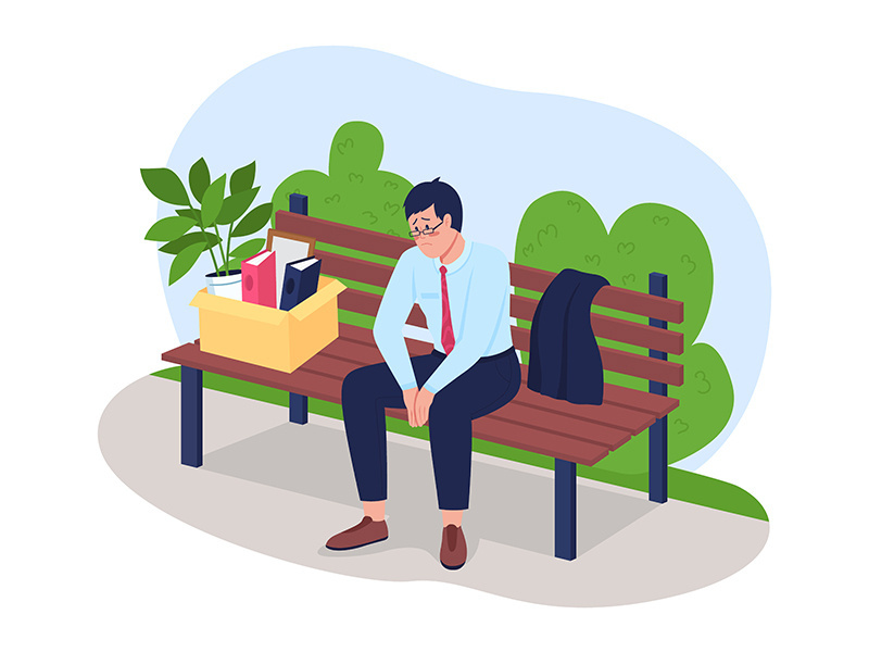 Frustrated fired man sitting on bench 2D vector web banner, poster