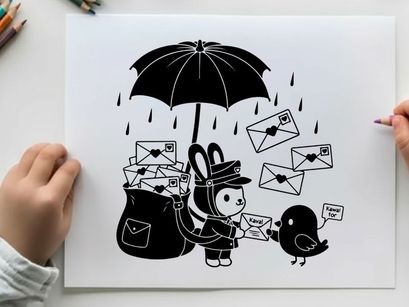 A silhouette of a postal worker with umbrella on a rainy day delivering mail