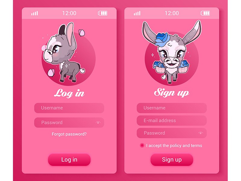 Donkey kids mobile app screen with cartoon kawaii characters avatars