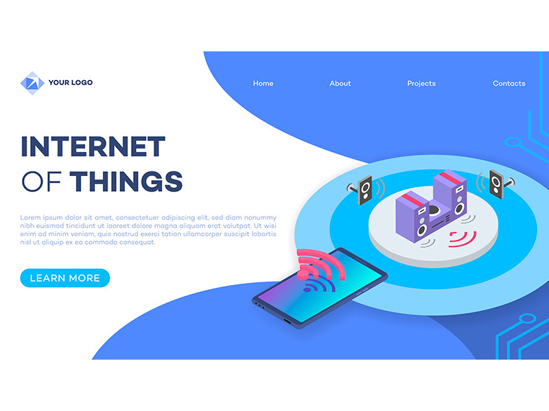 Smart home stereo system landing page vector template with isometric illustration