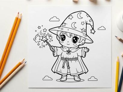 Cute girl wizard casting magic stars vector illustration