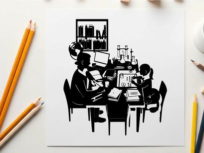 Silhouette of two people working at a desk together