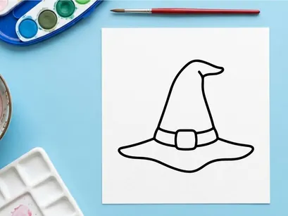 Einfache Hexenhut-Illustration für Halloween-Design. Minimalistischer schwarz-weißer Zaubererhut-Vektorgrafik.
