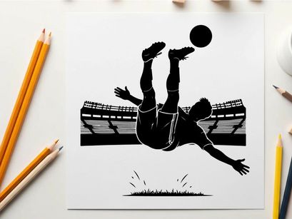 Soccer player silhouette kicking ball in mid air overhead
