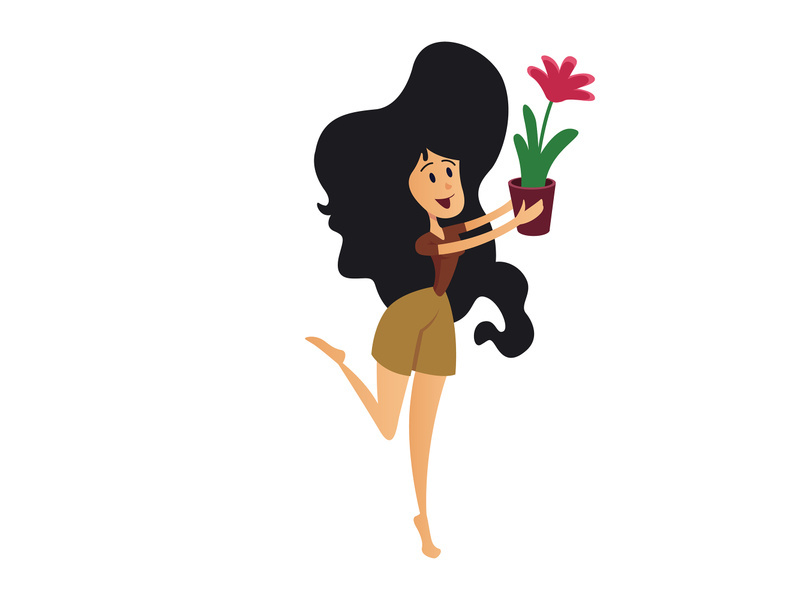 Positive girl with houseplant flat cartoon vector illustration