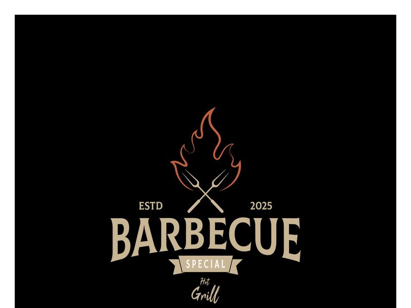 Simple Barbecue Vintage hot grill, with crossed flames and spatula. Logo for restaurant, badge, cafe and bar.vector