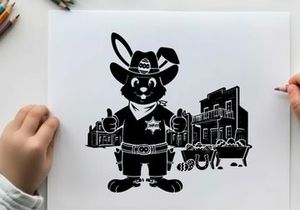 Black rabbit cowboy silhouette in a western town scene