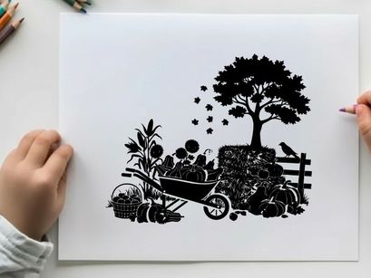 Silhouette of a tree and wheelbarrow in a garden