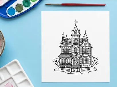 Haunted house line art illustration. Spooky Victorian mansion drawing for Halloween decor.