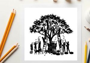 Silhouette of people picking fruit from a tree with ladders and dog