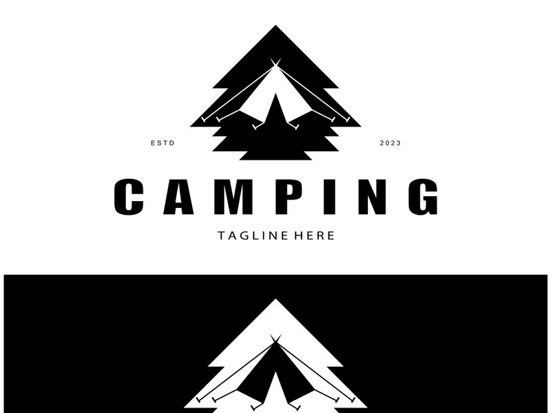 vintage and retro tent logo, camping. With tent, tree and bonfire sign. adventurers, scouts, climbers, camping equipment center