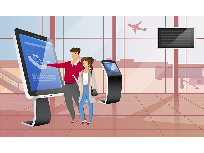 Smiling couple with airport self service kiosk flat color vector illustration