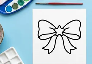 Christmas bow icon with star center, simple black line art vector illustration.