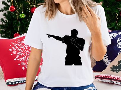 A black silhouette of a man pointing to the left with his right hand