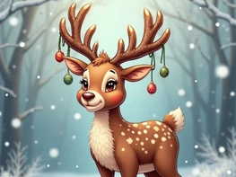 A cartoon reindeer stands in a snowy forest. preview picture