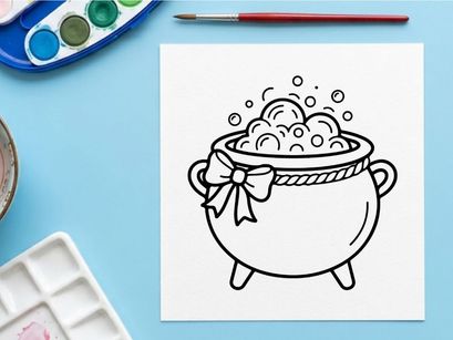 Cute cartoon cauldron with bubbling potion and magical smoke. Whimsical witchcraft cooking illustration for fantasy or Halloween themes.