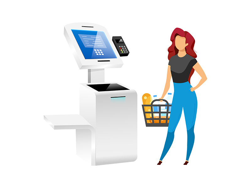 Woman with store terminal flat color vector faceless character