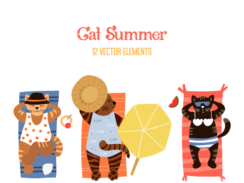 Cats enjoying in beach, summer time adorable cats vector illustration