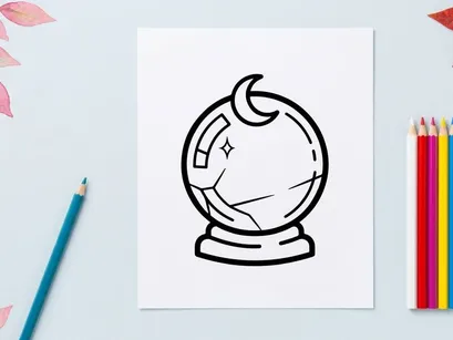 Hand-drawn Halloween soccer ball with crescent moon and star. Spooky sports equipment illustration for festive designs and decorations.