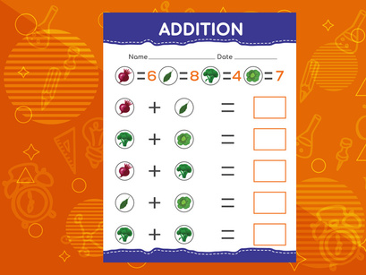 Addition with different fruits for kids. An educational worksheet for kids. Vector design