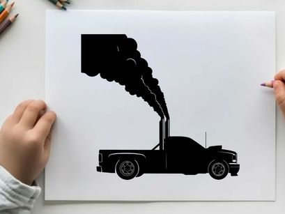 Silhouette of a pickup truck with smoke coming out of the exhaust pipe