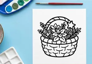 Hand-drawn Halloween basket with white flowers and stars. Vintage wicker trick-or-treat container filled with spooky floral decorations.