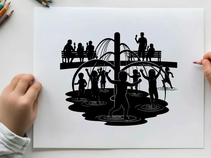 Silhouette of children playing in a splash pad on a sunny day