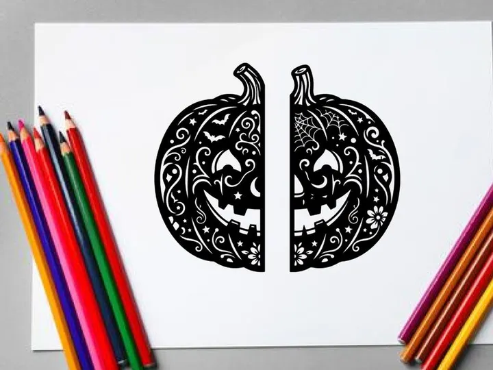 Decorative Halloween pumpkin with carved smiling face and floral patterns