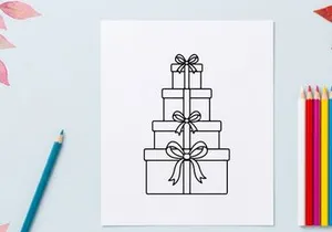 Stacked Christmas gift boxes with ribbons, holiday present icon in black and white line art.