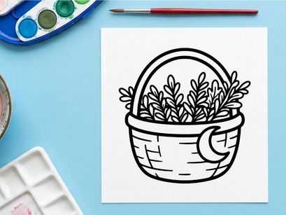 Wicker basket with herbs and moon icon. Witchcraft supplies for magical rituals.