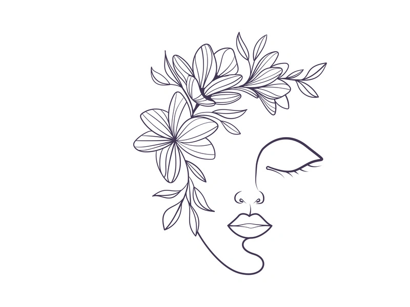 Line art portrait woman, Flower face one line vector illustration