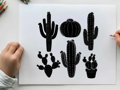Silhouette of various cacti and potted plants