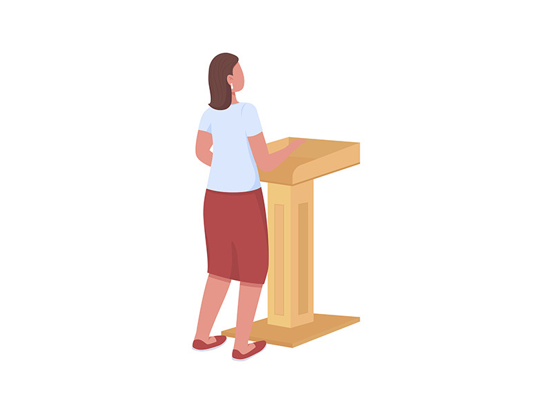 Female speaker behind podium semi flat color vector character