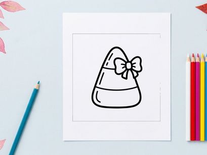 Candy corn icon with a bow. Halloween sweet treat line art graphic design element.
