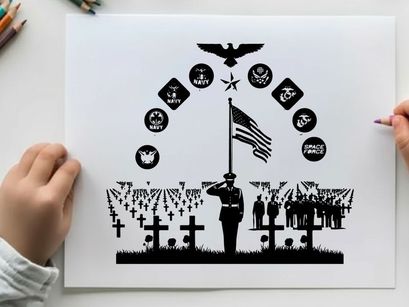 Veterans memorial silhouette with american flag and military emblems