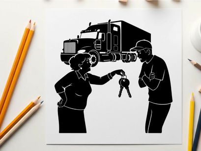 Silhouette of a woman handing keys to a man with a semi truck in the background