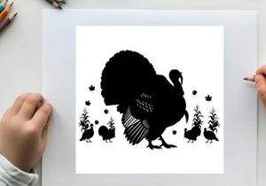 Black silhouette of a large turkey with smaller turkeys and plants