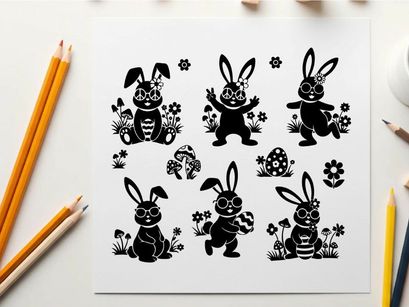 Silhouette of six adorable bunnies in flowers and butterflies