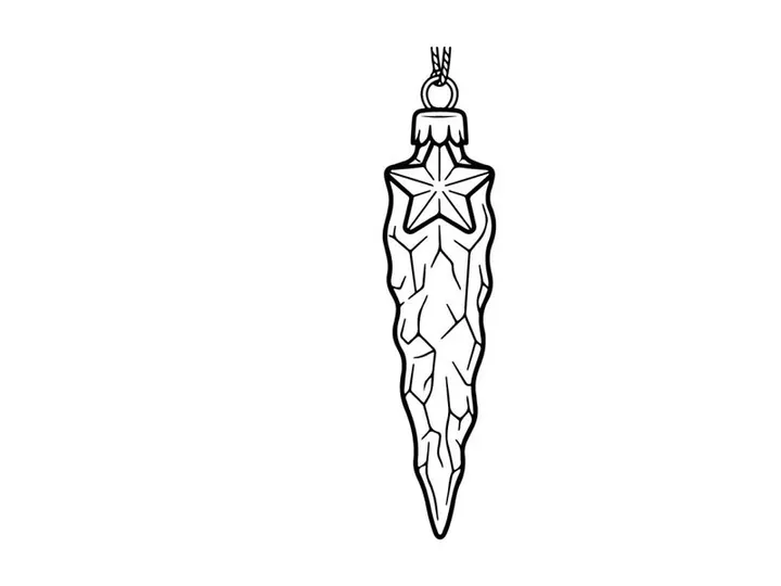 Christmas icicle ornament with star, black and white line art vector illustration.