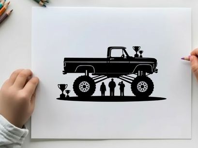 Large silhouette of a lifted truck with people underneath